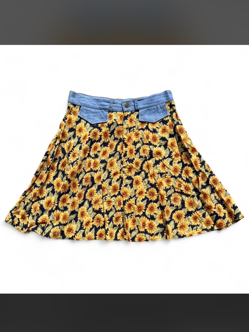 90s VTG Sunflower Print Denim-Trim Midi Skirt - Yellow Floral Sz 9